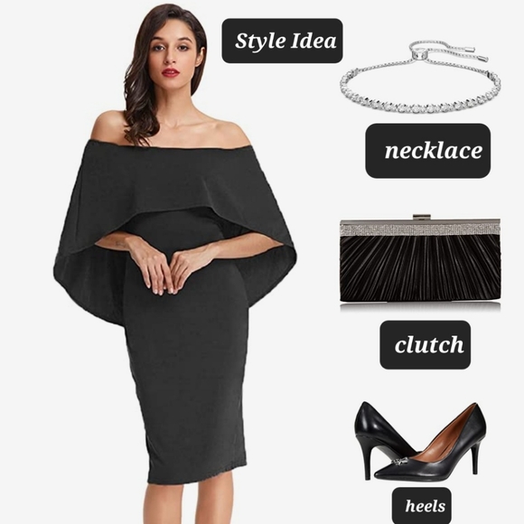 Women's Off Shoulder Batwing Cape Slim Midi Dress Black (Sz Small) - Picture 3 of 3